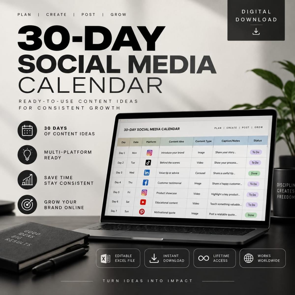 30-Day Social Media Calendar – Editable Excel