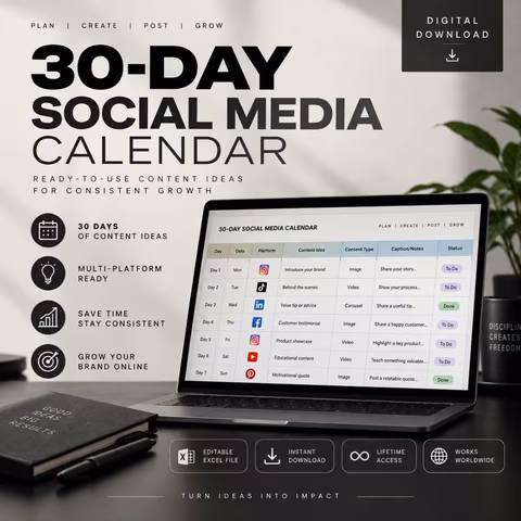 30-Day Social Media Calendar – Editable Excel