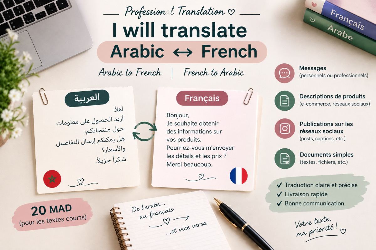 I will translate Arabic to French and French to Arabic