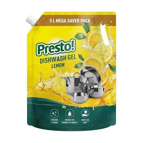 Amazon Brand - Presto! Dishwash Gel | Lemon | 5 L Refill Value Pack | Dishwash Liquid